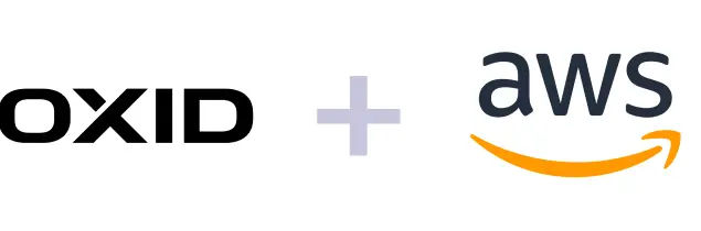 OXID mit AWS OXID eShop-Logo kombiniert mit Amazon Web Services (AWS)-Logo, symbolisiert Integration oder Hosting von OXID eShop in der AWS-Cloud.