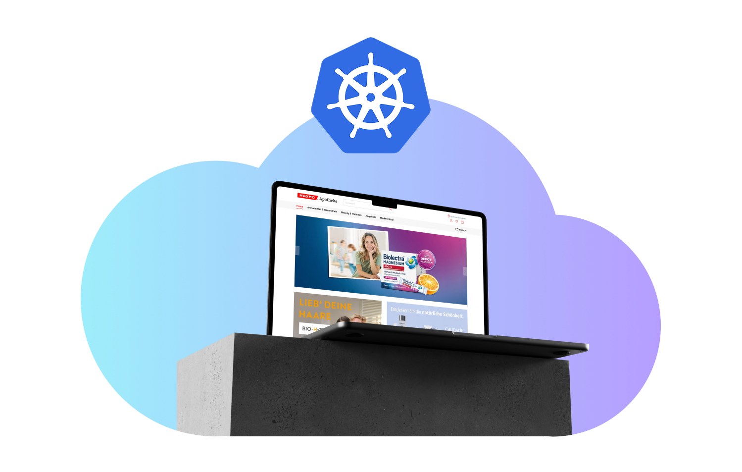 brry Visualisierung Mockup eines geöffneten Laptops mit der Website der maxmo Apotheke auf dem Bildschirm, im Hintergrund eine blau-lila Cloud mit Kubernetes-Logo oben.