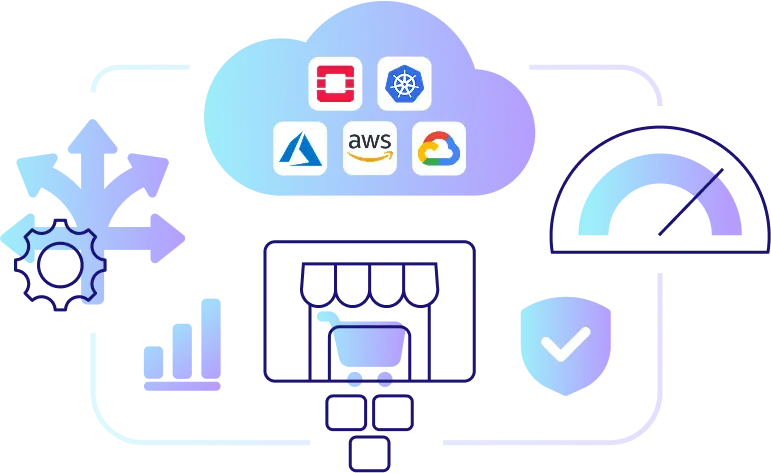 Illustration einer Cloud Architektur mit verschiedenen verbundenen Elementen wie E-Commerce, Infrastruktur, Performance-Analyse und Multi-Cloud-Integrationen mit Azure, AWS, Google Cloud und OpenStack – symbolisiert eine vernetzte Cloud Lösung.