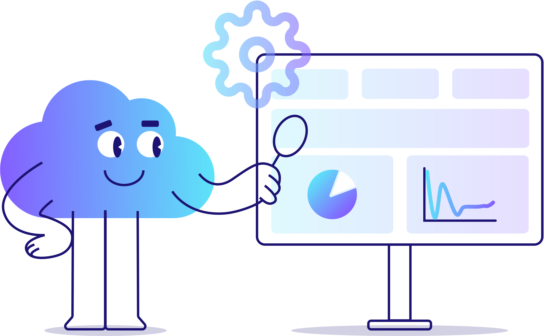 Managed Cloud Services Illustration der Managed Cloud Services mit Dashboard und vielen Diagrammen und freundlicher Cloud Figur