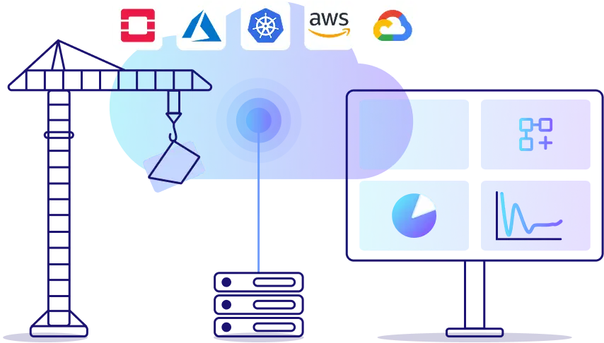 Cloud Hosting Illustration einer zentralen Cloud, verbunden mit Logos von OpenStack, Google Cloud Platform, Amazon Web Services (AWS) und Microsoft Azure, ergänzt durch Symbole für Datenbanken, Sicherheit und Performance – symbolisiert flexible Multi-Cloud-Integration.