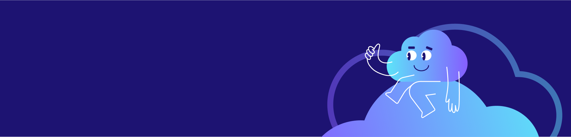 Illustration einer lächelnden, freundlich winkenden, stilisierten Cloud-Figur, die entspannt auf einer Wolke sitzt. Hintergrund in dunklem Blau und Violett – symbolisiert Offenheit und Freundlichkeit von main cloud solutions.