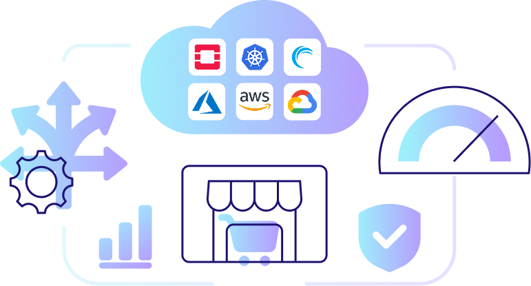 Illustration einer Cloud Architektur mit verschiedenen verbundenen Elementen wie E-Commerce, Infrastruktur, Performance-Analyse und Multi-Cloud-Integrationen mit Azure, AWS, Google Cloud und OpenStack – symbolisiert eine vernetzte Cloud Lösung.