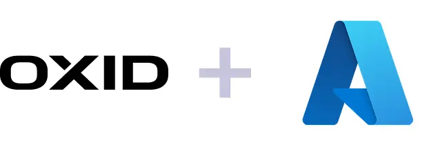 OXID mit Azure OXID eShop-Logo kombiniert mit Microsoft Azure-Logo, symbolisiert Integration oder Hosting von OXID eShop in der Azure-Cloud.