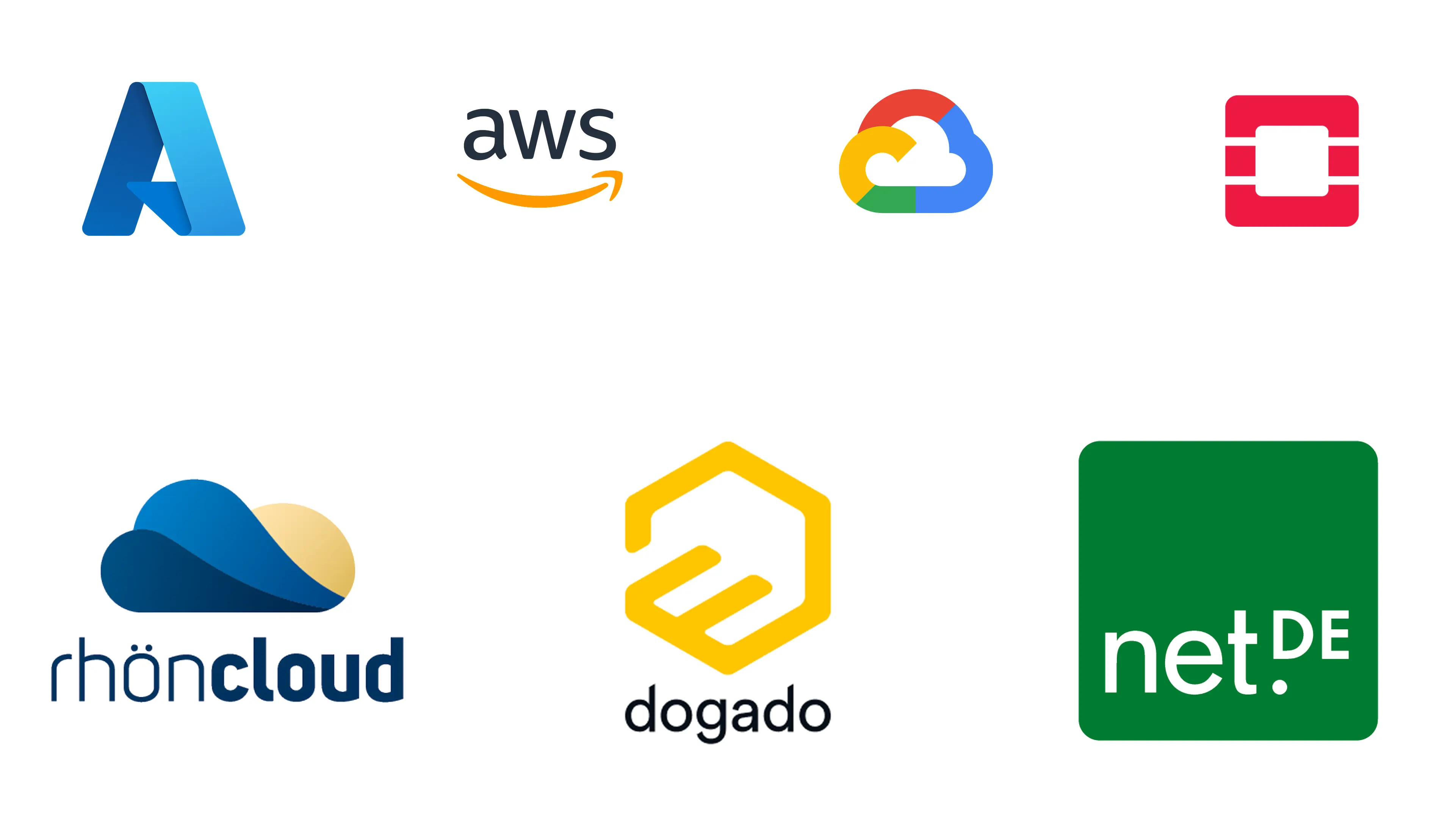 Hosting Partner Sammlung von Cloud- und Hosting-Anbieter-Logos, darunter Microsoft Azure, AWS, Google Cloud, OpenStack, rhöncloud, dogado und net.DE