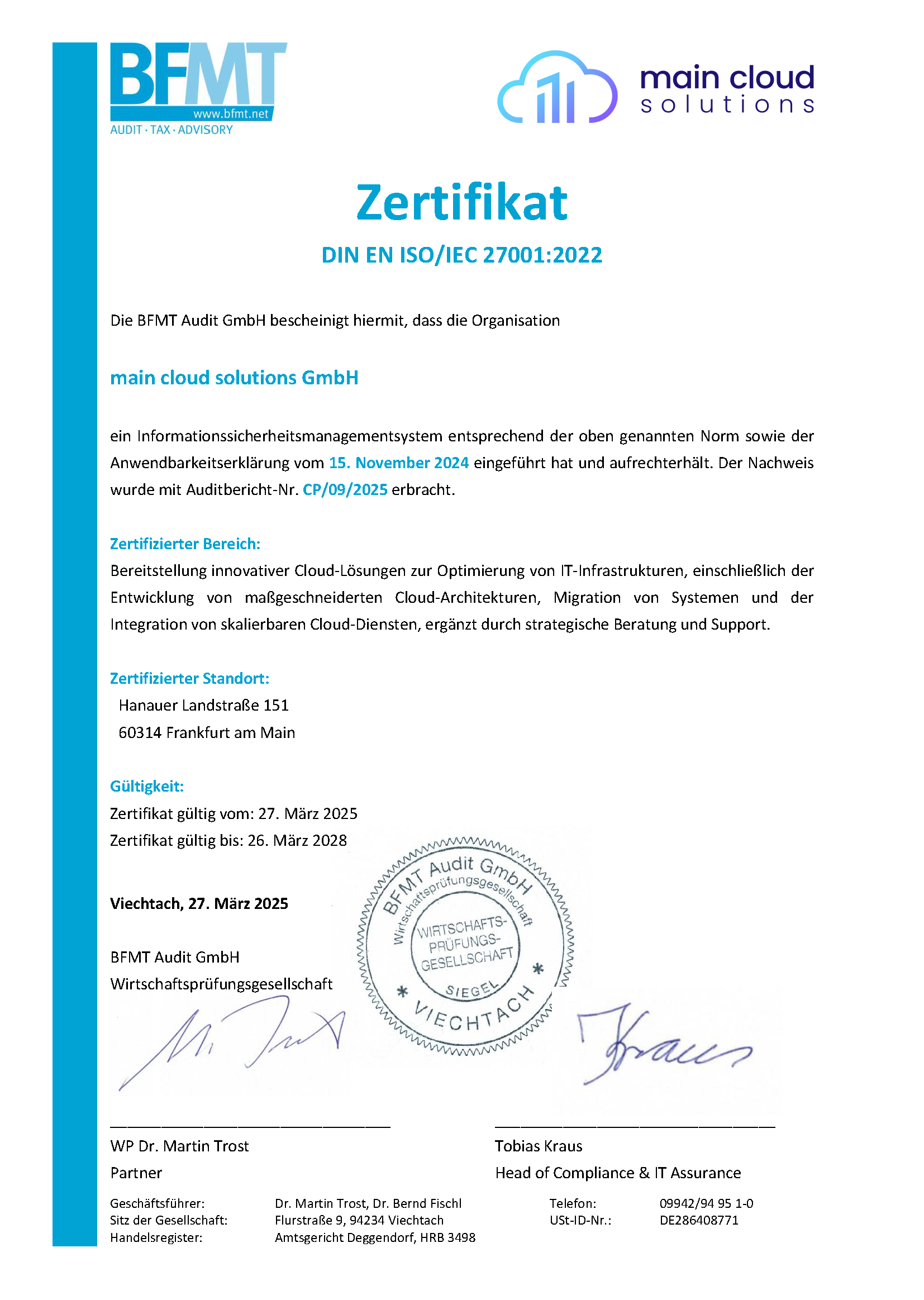 main cloud solutions ist ISO 27001 zertifiziert Screenshot der ISO 27001 Zertifizierung von main cloud solutions