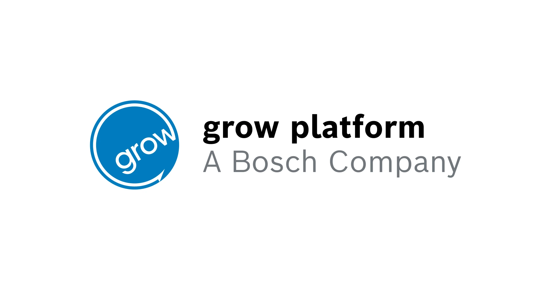 grow platform Logo von grow – A Bosch Company, mit blauem Kreis und weißem Schriftzug ‚grow‘ in einem geschwungenen Pfeil, daneben der graue Text ‚A Bosch Company‘.