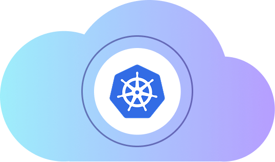 Kubernetes Logo in einer blau-violetten Wolke, Symbol für Container-Orchestrierung und Cloud-Management