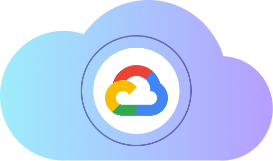 Google Cloud Logo in einer blau-violetten Wolke, Symbol für Cloud-Computing und Hosting