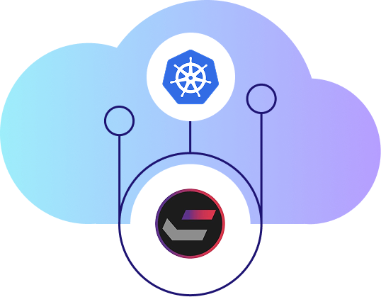 HCL Managed Kubernetes Hosting Illustration einer Cloud mit Kubernetes-Logo oben und HCL Commerce-Logo unten, verbunden durch Linien – Symbol für die Integration von HCL Commerce in eine Kubernetes-Cloud-Umgebung
