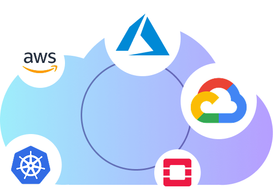 Illustration einer blau-violetten Wolke mit Cloud-Logos von AWS, Microsoft Azure, Google Cloud, OpenStack und Kubernetes