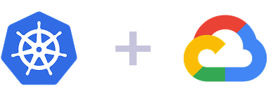 Kubernetes Logo kombiniert mit Google Cloud Platform (GCP) Logo, symbolisiert eine Integration oder Partnerschaft zwischen Kubernetes und Google Cloud.