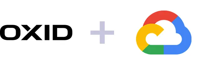 OXID mit Google Cloud Platform OXID eShop-Logo kombiniert mit Google Cloud Platform-Logo, symbolisiert Integration oder Hosting von OXID eShop in der Google Cloud.