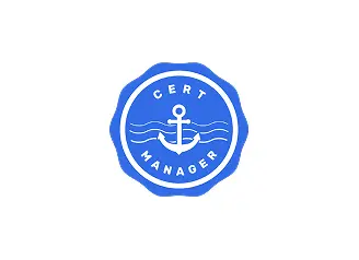 Cert Manager Logo in Blau, runder Siegelstil mit Anker und Wellen in der Mitte, Symbol für Zertifikatsmanagement