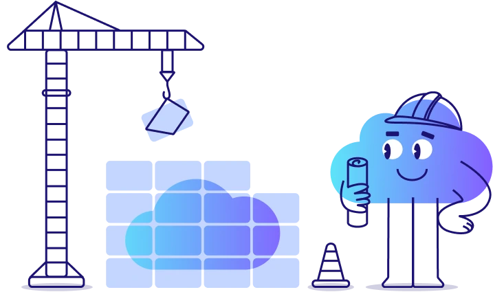Cloud Setup Illustration eines Cloud Setups mit Baukran und freundlicher Cloud Figur